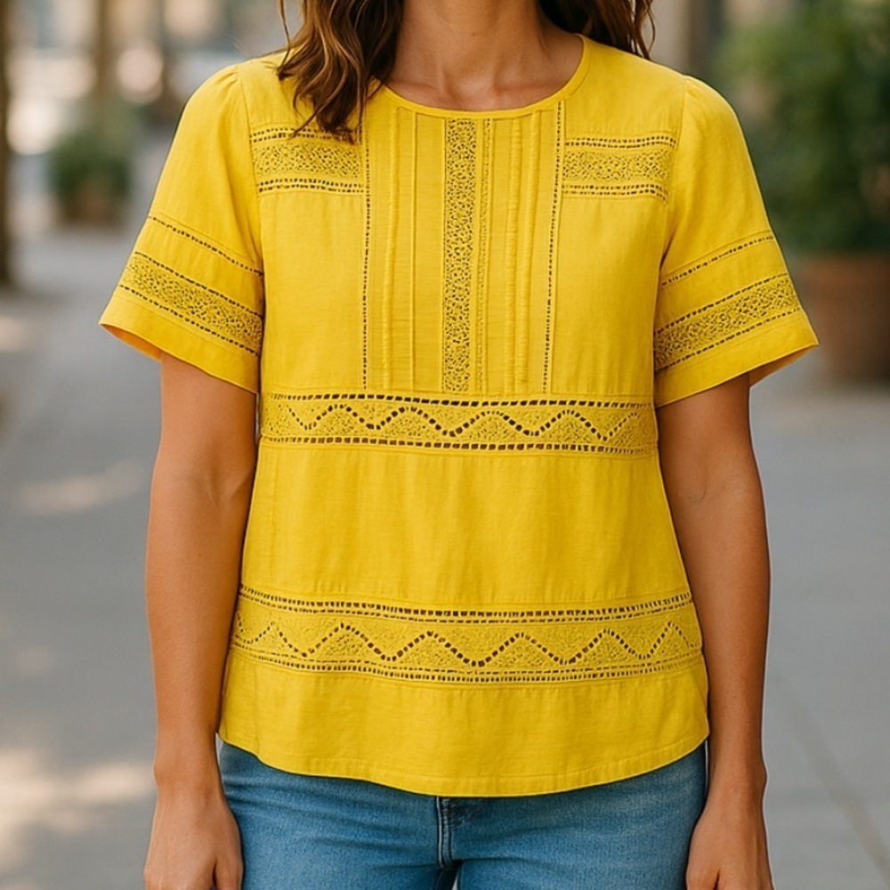 Ann Taylor yellow eyelet pleated top sp